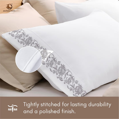 Pure Cotton 500 TC Embroidered Bag Type Pillow Cover Set - Silver Blossom