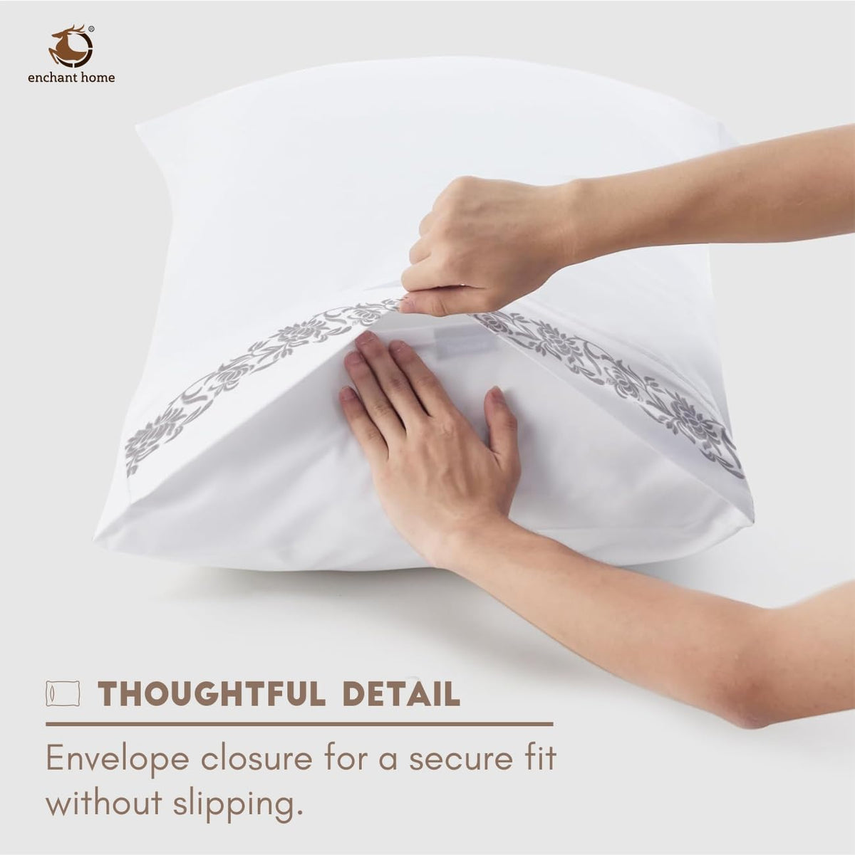 Pure Cotton 500 TC Embroidered Bag Type Pillow Cover Set - Silver Blossom