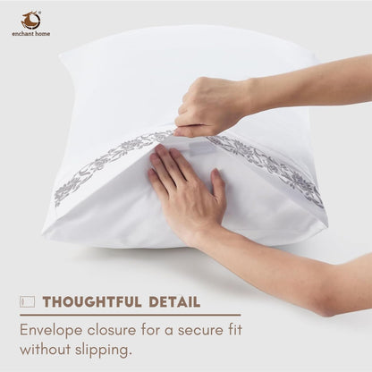 Pure Cotton 500 TC Embroidered Bag Type Pillow Cover Set - Silver Blossom