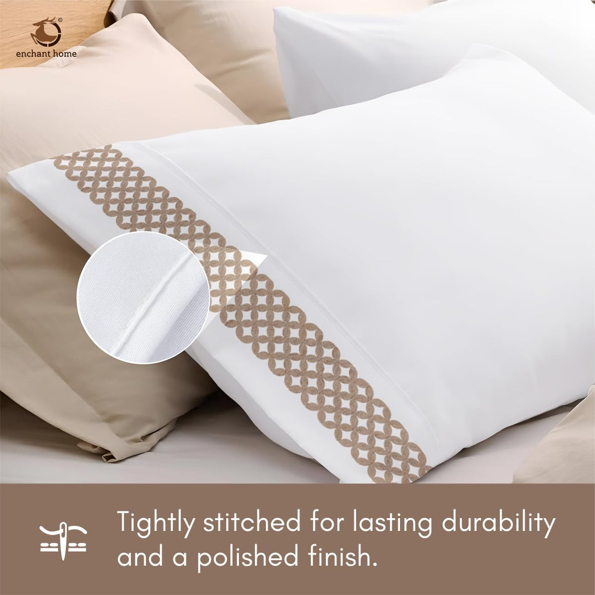Pure Cotton 500 TC Embroidered Bag Type Pillow Cover Set - Beige Lattice