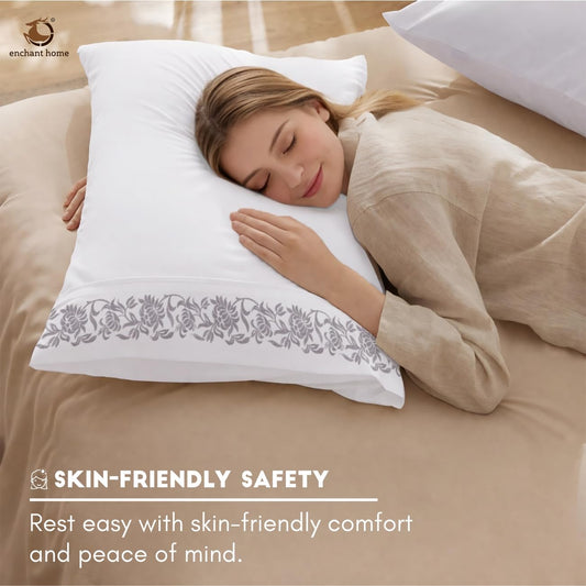 Pure Cotton 500 TC Embroidered Bag Type Pillow Cover Set - Silver Blossom