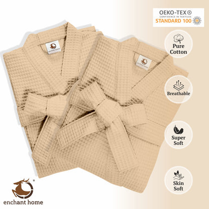 Beige cotton waffle bathrobe folded view