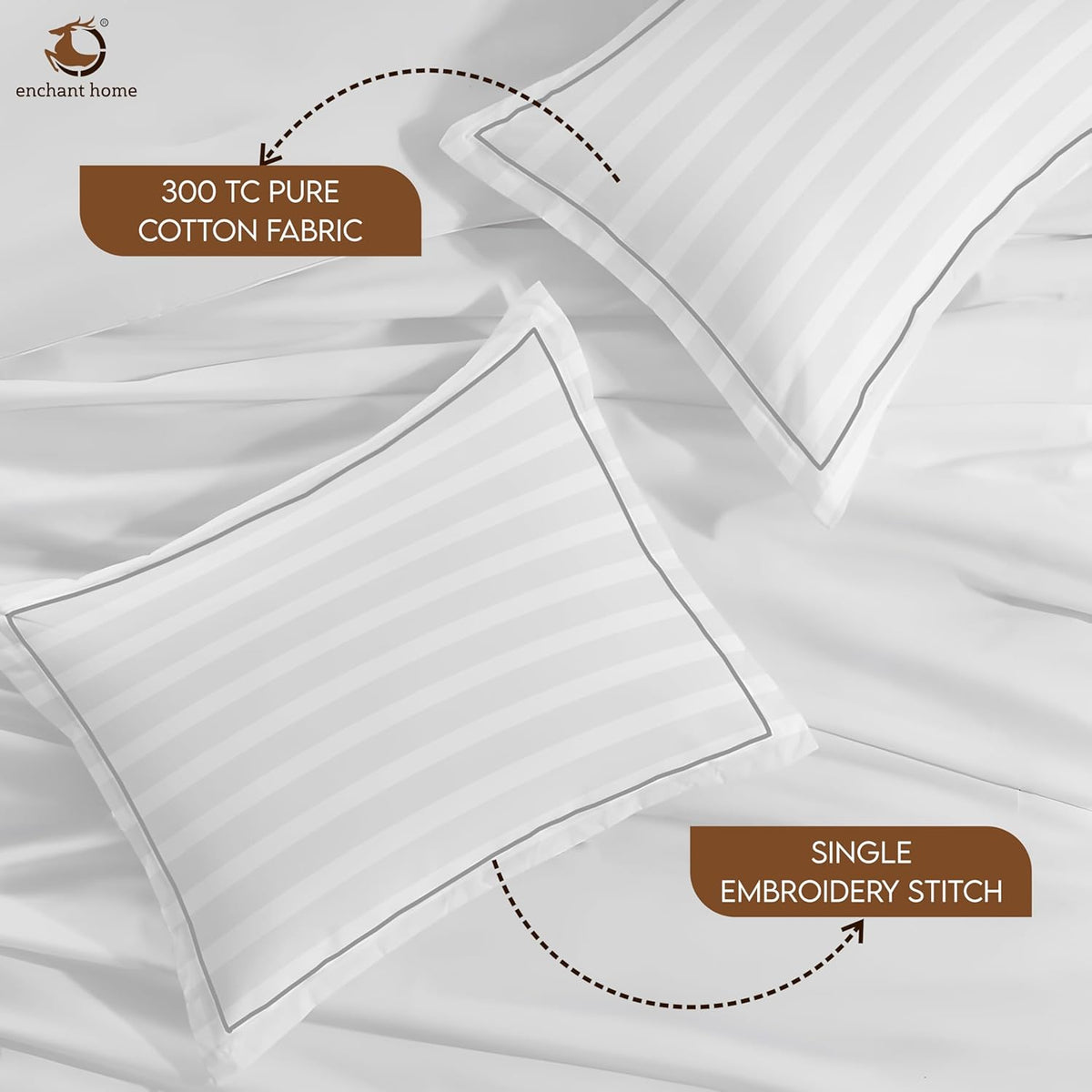Pure Cotton 300 TC Striped Pillow Cover Set - White