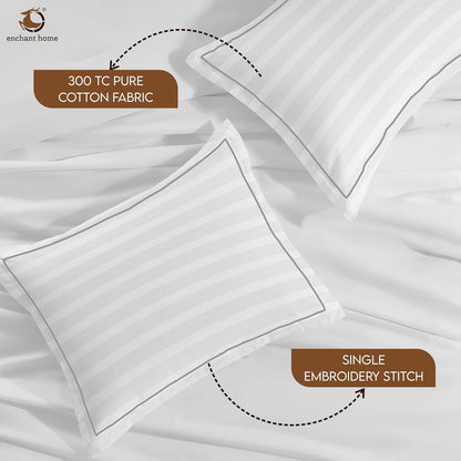 Pure Cotton 300 TC Striped Pillow Cover Set - White