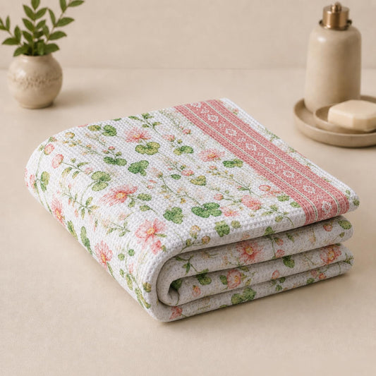 Pure cotton printed waffle bath towel in lotus serene print