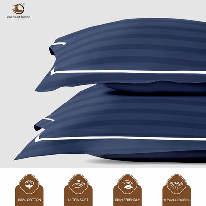Pure Cotton 300 TC Striped Pillow Cover Set - Navy Blue
