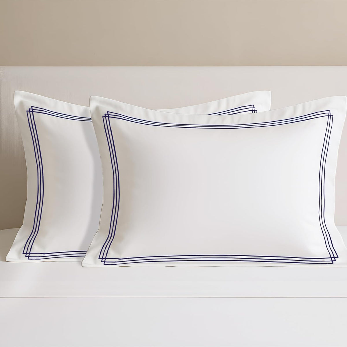 Pure cotton 500 TC premium pillow cover set in white with triple navy blue stripes