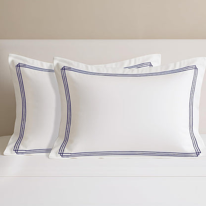 Pure cotton 500 TC premium pillow cover set in white with triple navy blue stripes