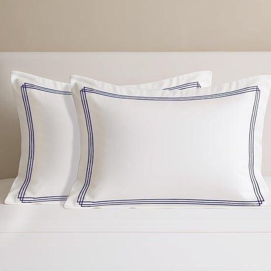 Pure cotton 500 TC premium pillow cover set in white with triple navy blue stripes