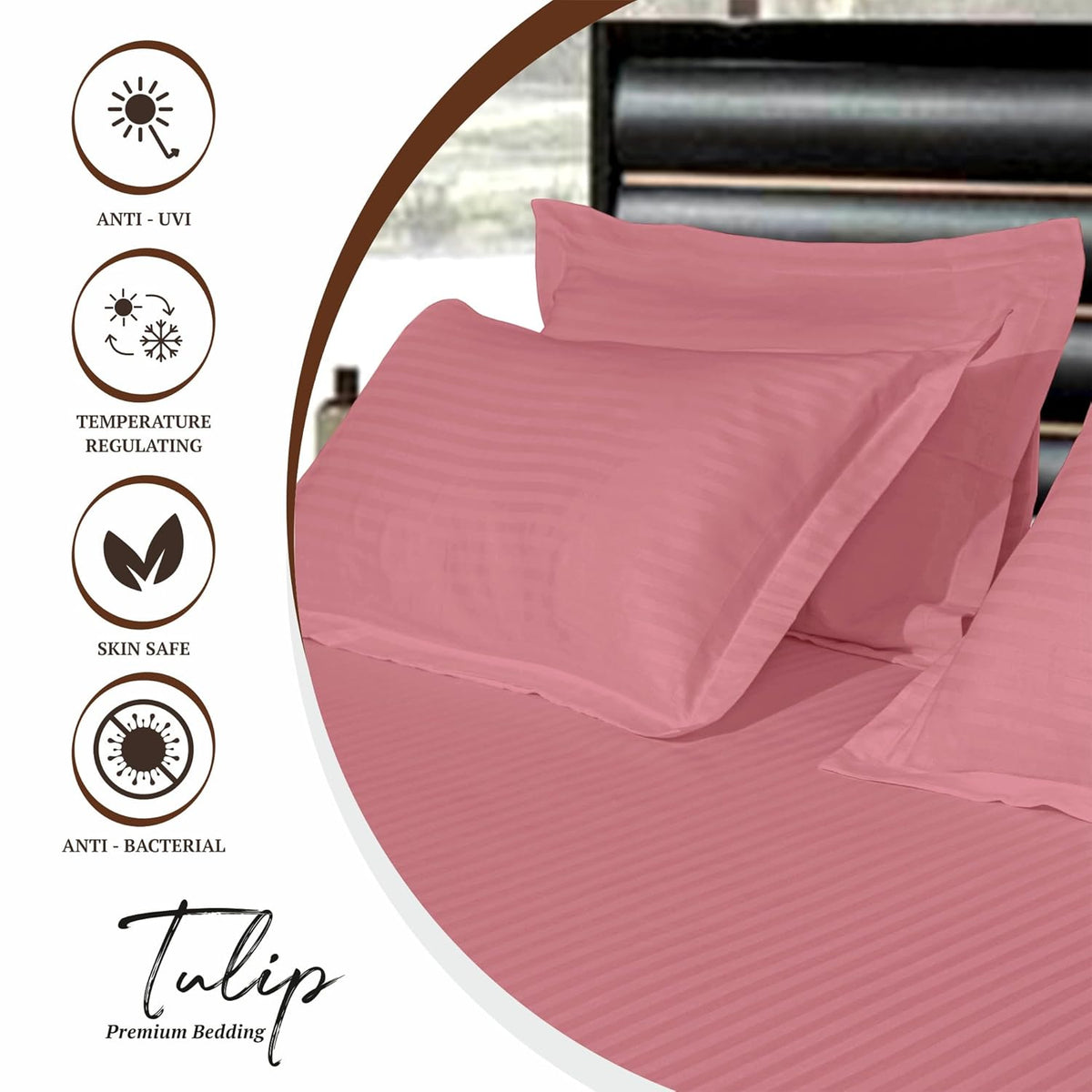 Pure Cotton Pillow Covers with Satin Stripe - Rose Pink
