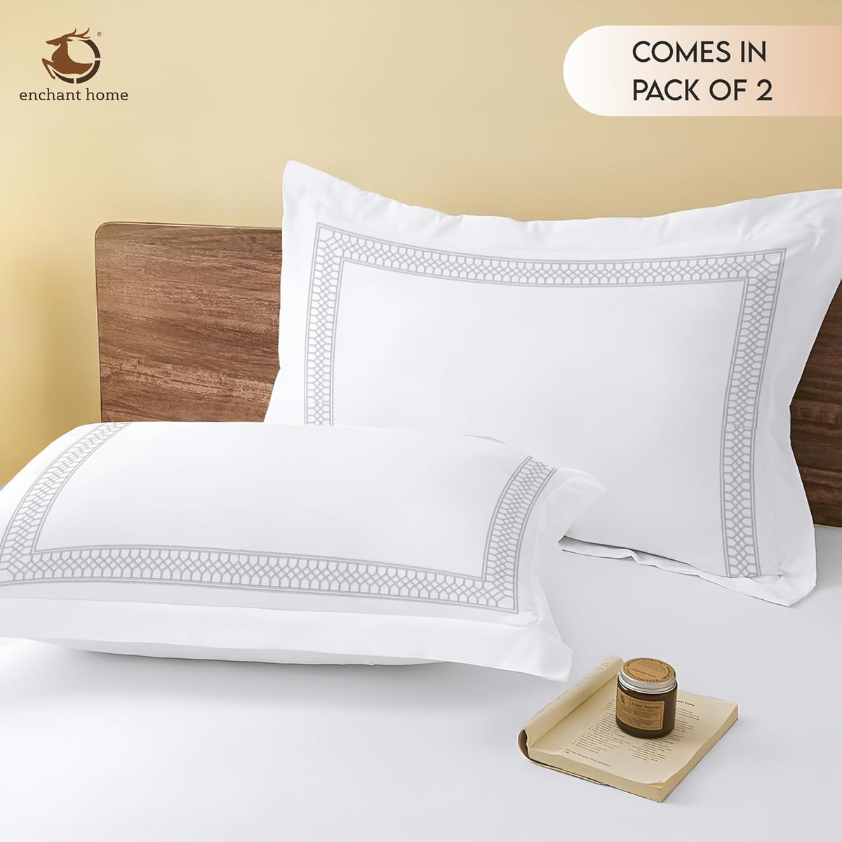 Pure Cotton 500 TC Premium Pillow Cover Set - Silver Lattice