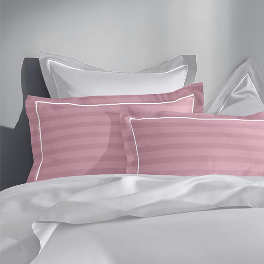 Pure cotton 300 TC striped pillow cover set in cameo rose