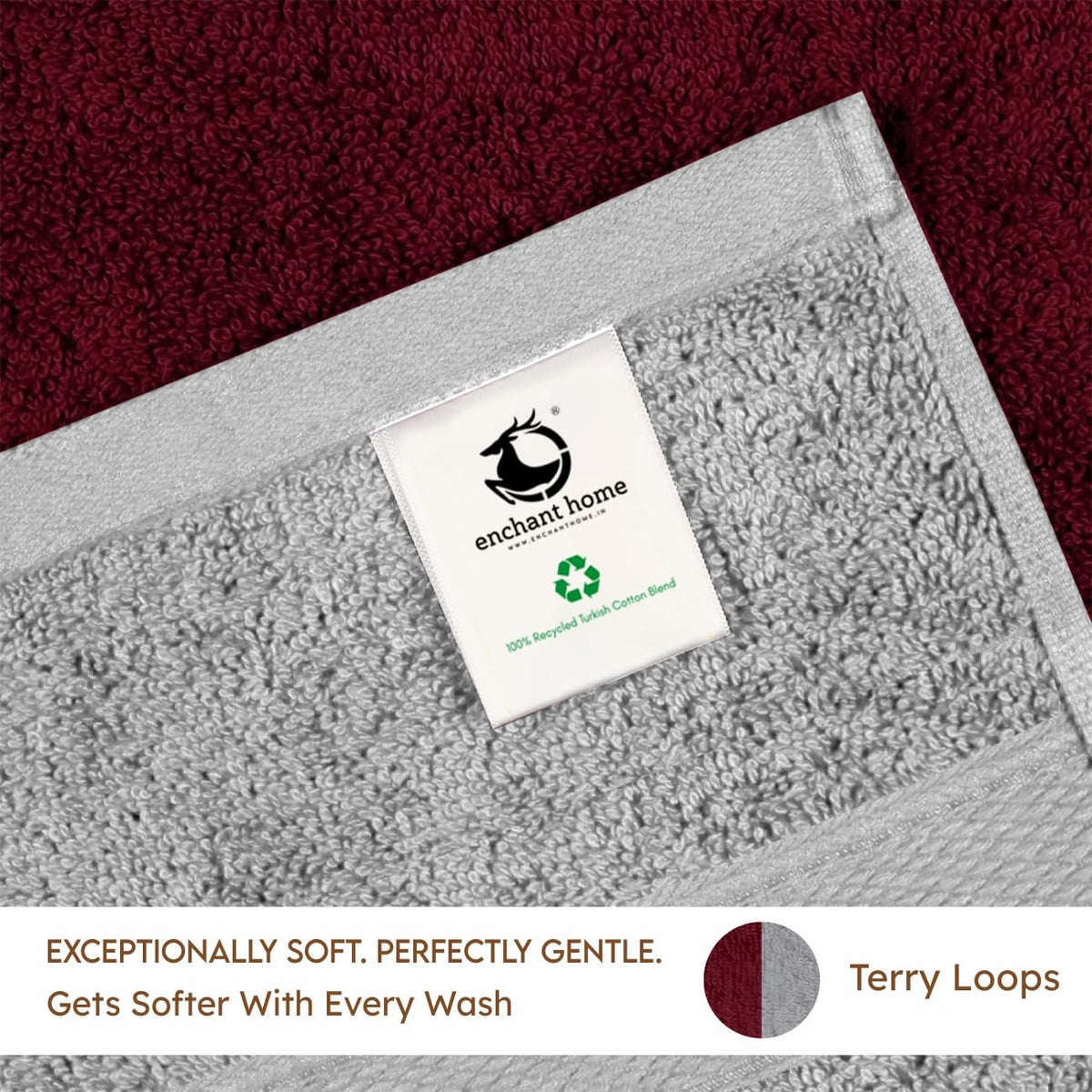 Pure Cotton Terry Hand Towel Set (15" x 23", Grey and Burgundy)