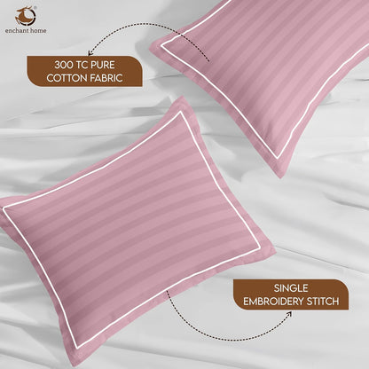 Pure Cotton 300 TC Striped Pillow Cover Set - Cameo Rose