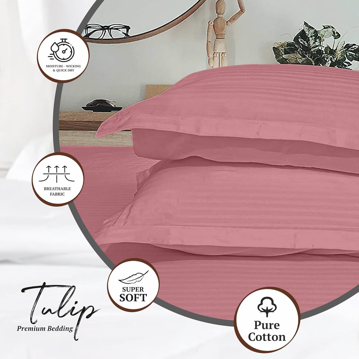 Pure Cotton Pillow Covers with Satin Stripe - Rose Pink