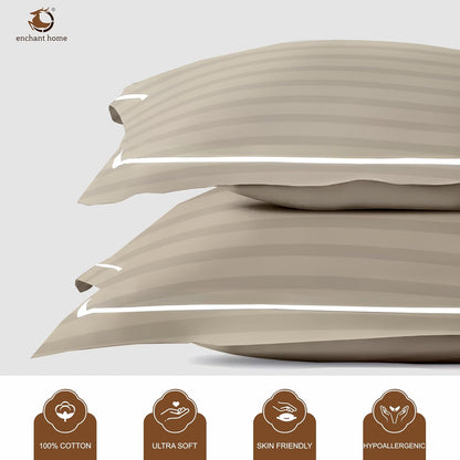 Pure Cotton 300 TC Striped Pillow Cover Set - Pearl