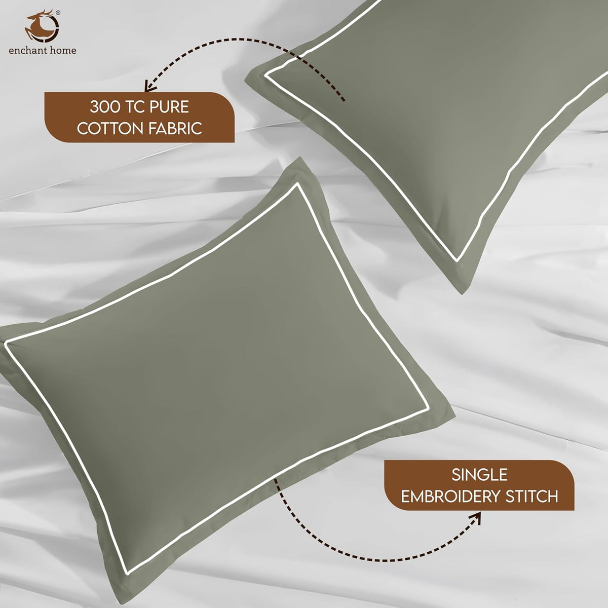 Pure Cotton 300 TC Solid Pillow Cover Set - Moss Green