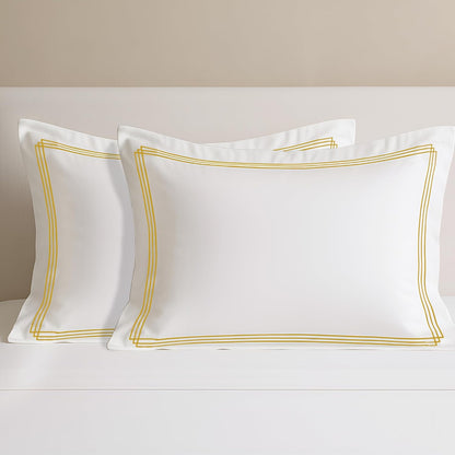 Pure cotton 500 TC premium pillow cover set in white with triple golden stripes