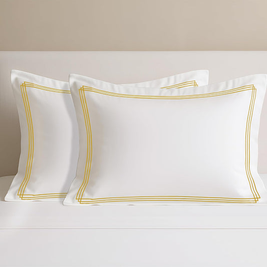 Pure cotton 500 TC premium pillow cover set in white with triple golden stripes