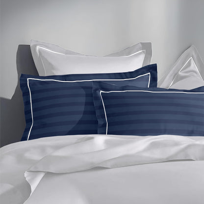 Pure cotton 300 TC striped pillow cover set in navy blue