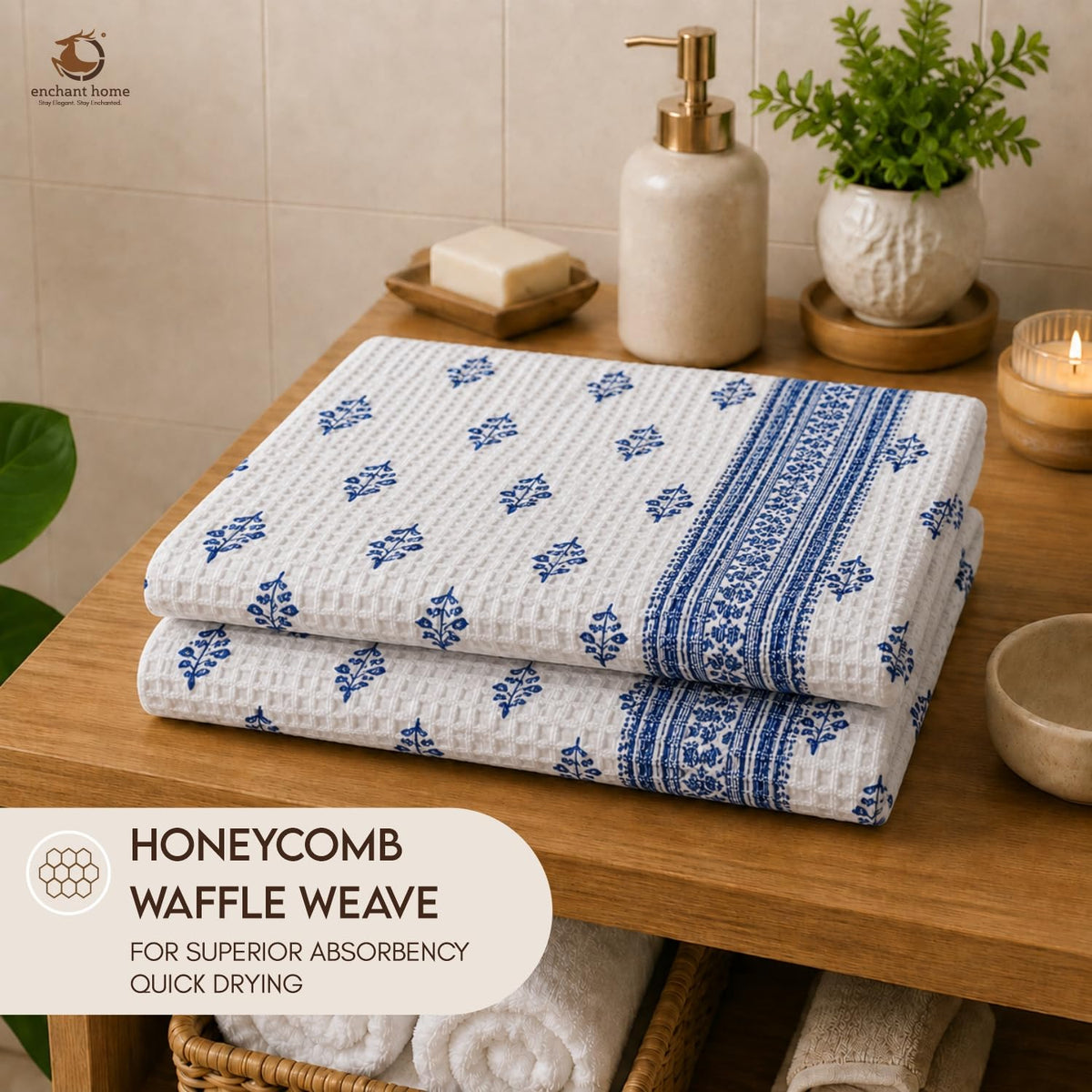Pure Cotton Printed Waffle Bath Towel - Indigo Buti