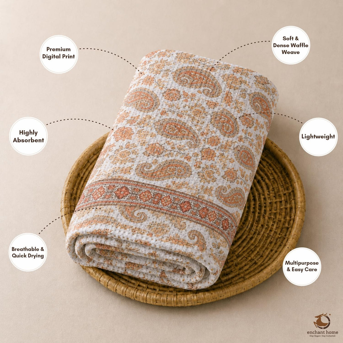 Pure Cotton Printed Waffle Bath Towel - Paisley Charm