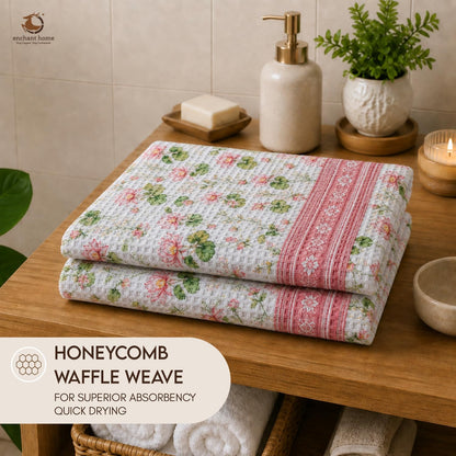Pure Cotton Printed Waffle Bath Towel - Lotus Serene