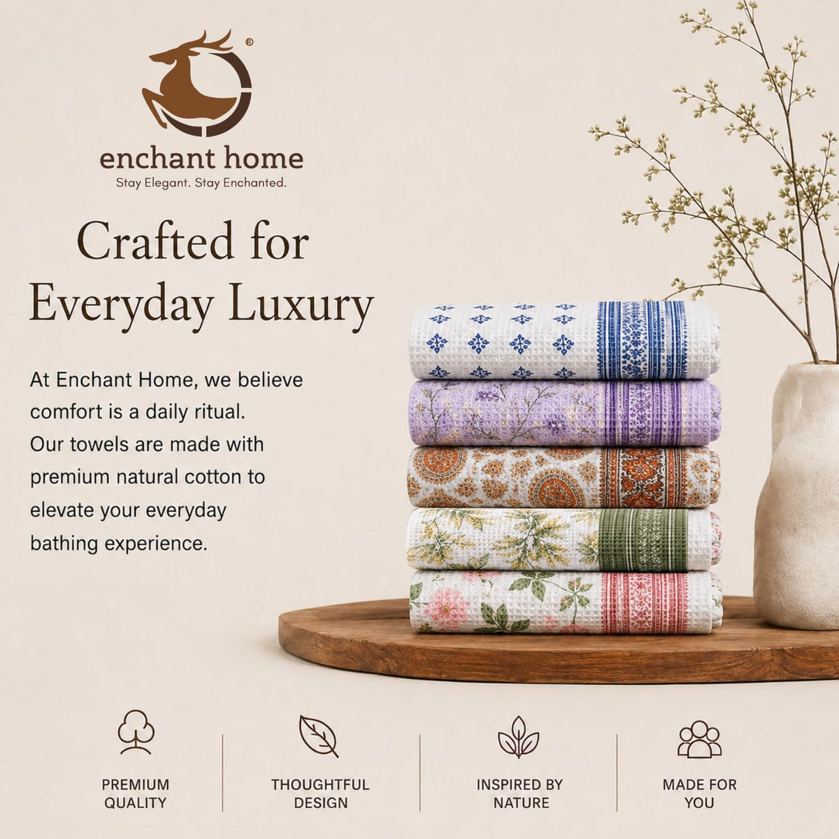 Pure Cotton Printed Waffle Bath Towel - Sage Botanical