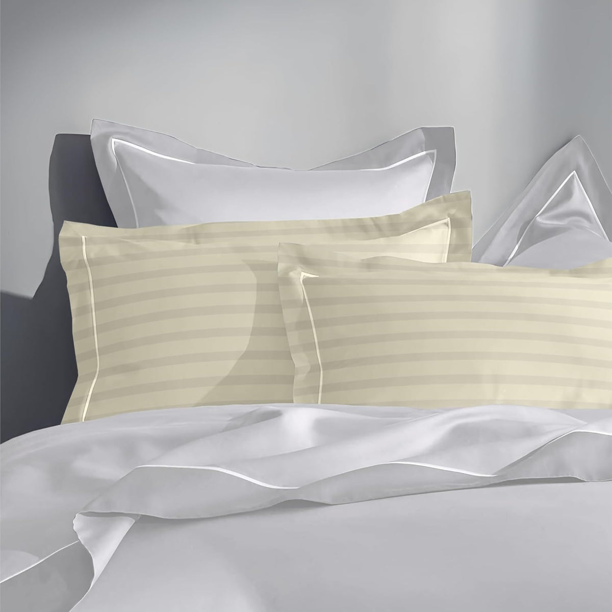 Pure cotton 300 TC striped pillow cover set in ivory