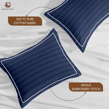 Pure Cotton 300 TC Striped Pillow Cover Set - Navy Blue