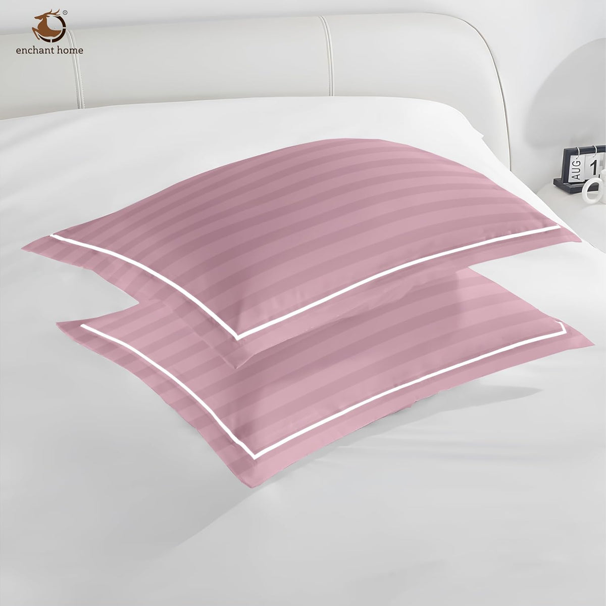 Pure Cotton 300 TC Striped Pillow Cover Set - Cameo Rose