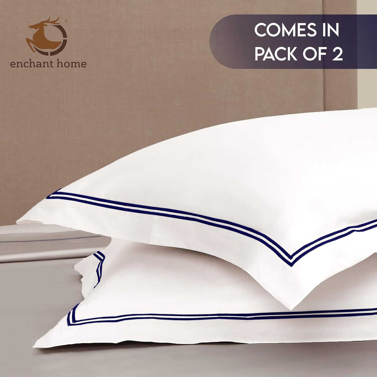 White and navy blue premium pillow cover stitching detail
