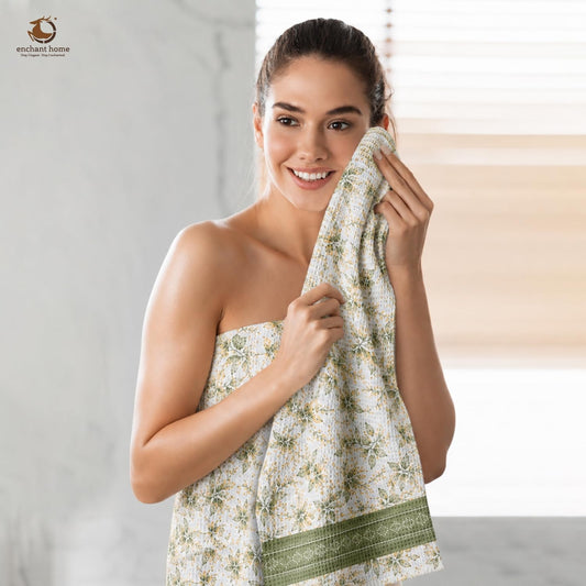 Pure Cotton Printed Waffle Bath Towel - Sage Botanical