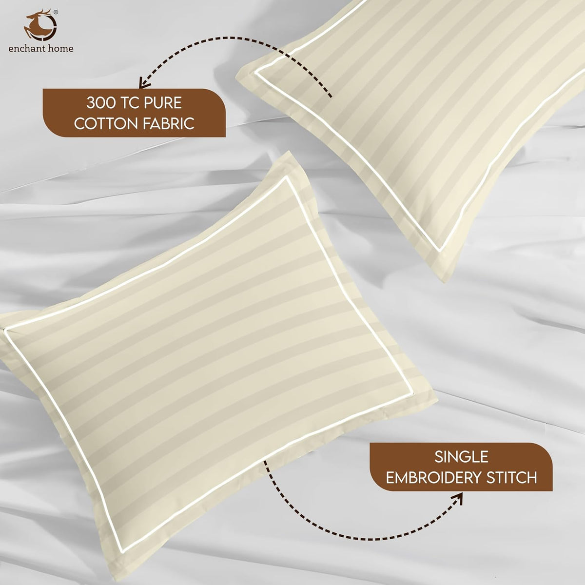 Pure Cotton 300 TC Striped Pillow Cover Set - Ivory