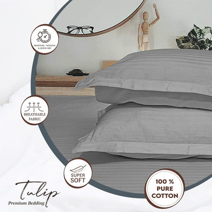 Pure Cotton Pillow Covers with Satin Stripe - Silver