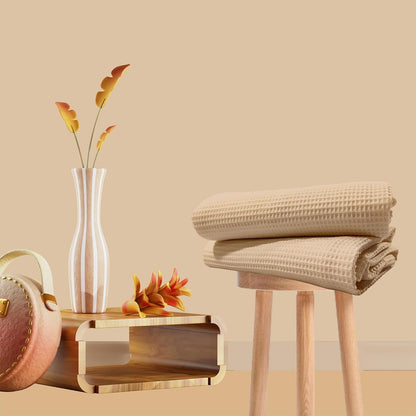 Beige cotton waffle bath towel folded view