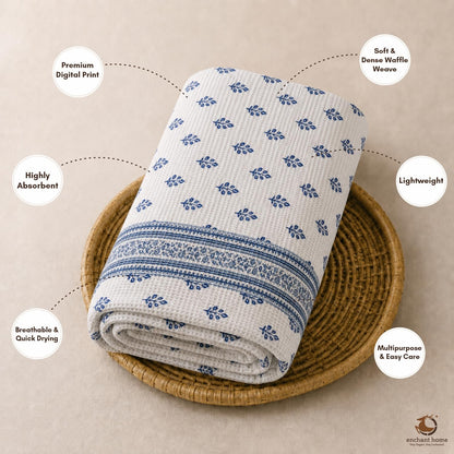 Pure Cotton Printed Waffle Bath Towel - Indigo Buti