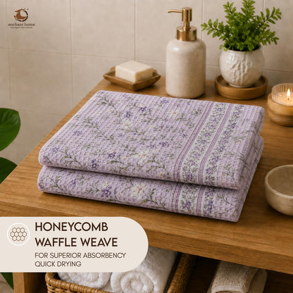 Pure Cotton Printed Waffle Bath Towel - Lilac Bloom