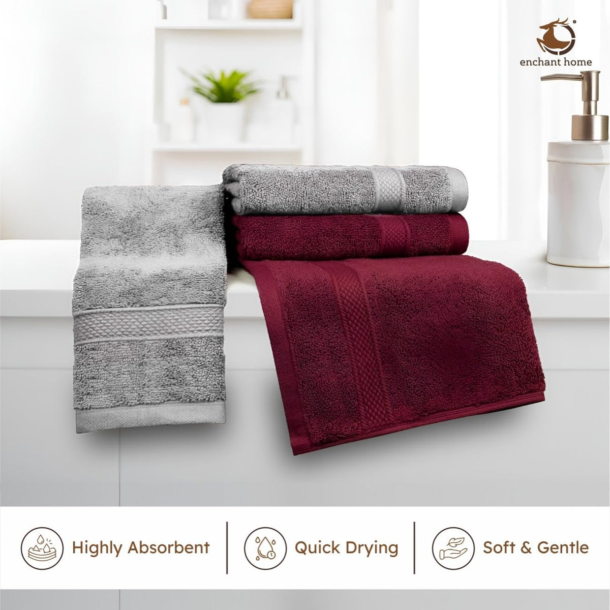 Pure Cotton Terry Hand Towel Set (15" x 23", Grey and Burgundy)