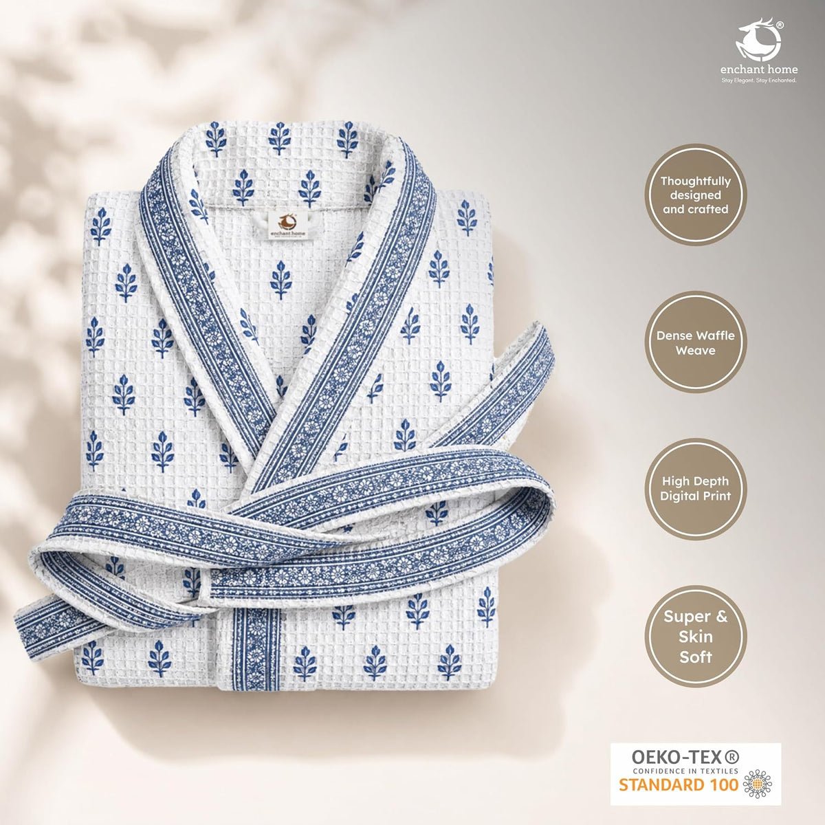 Premium Print Cotton Rich Waffle Robe for Men & Women - Indigo Buti
