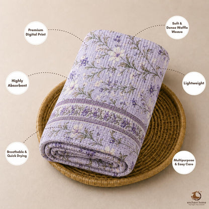 Pure Cotton Printed Waffle Bath Towel - Lilac Bloom