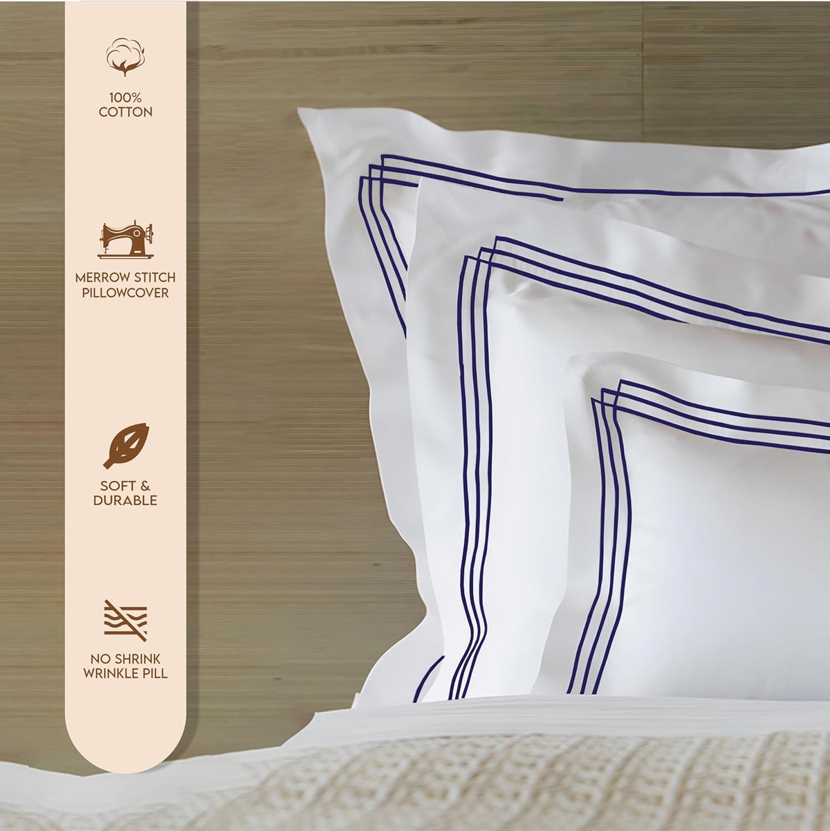 Pure Cotton 500 TC Premium Pillow Cover Set - White Triple Navy Blue