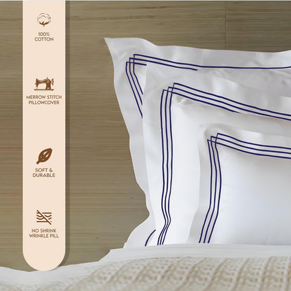 Pure Cotton 500 TC Premium Pillow Cover Set - White Triple Navy Blue
