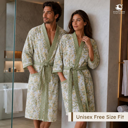 Premium Print Cotton Rich Waffle Robe for Men & Women - Sage Botanical