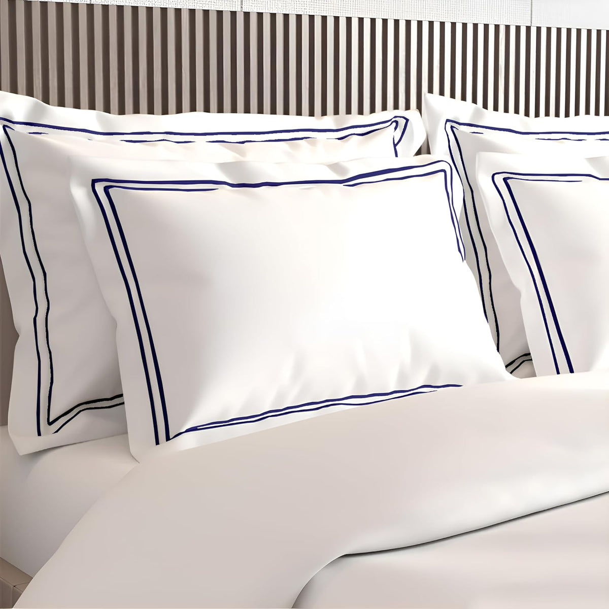 Pure cotton 500 TC premium pillow cover set in white and navy blue