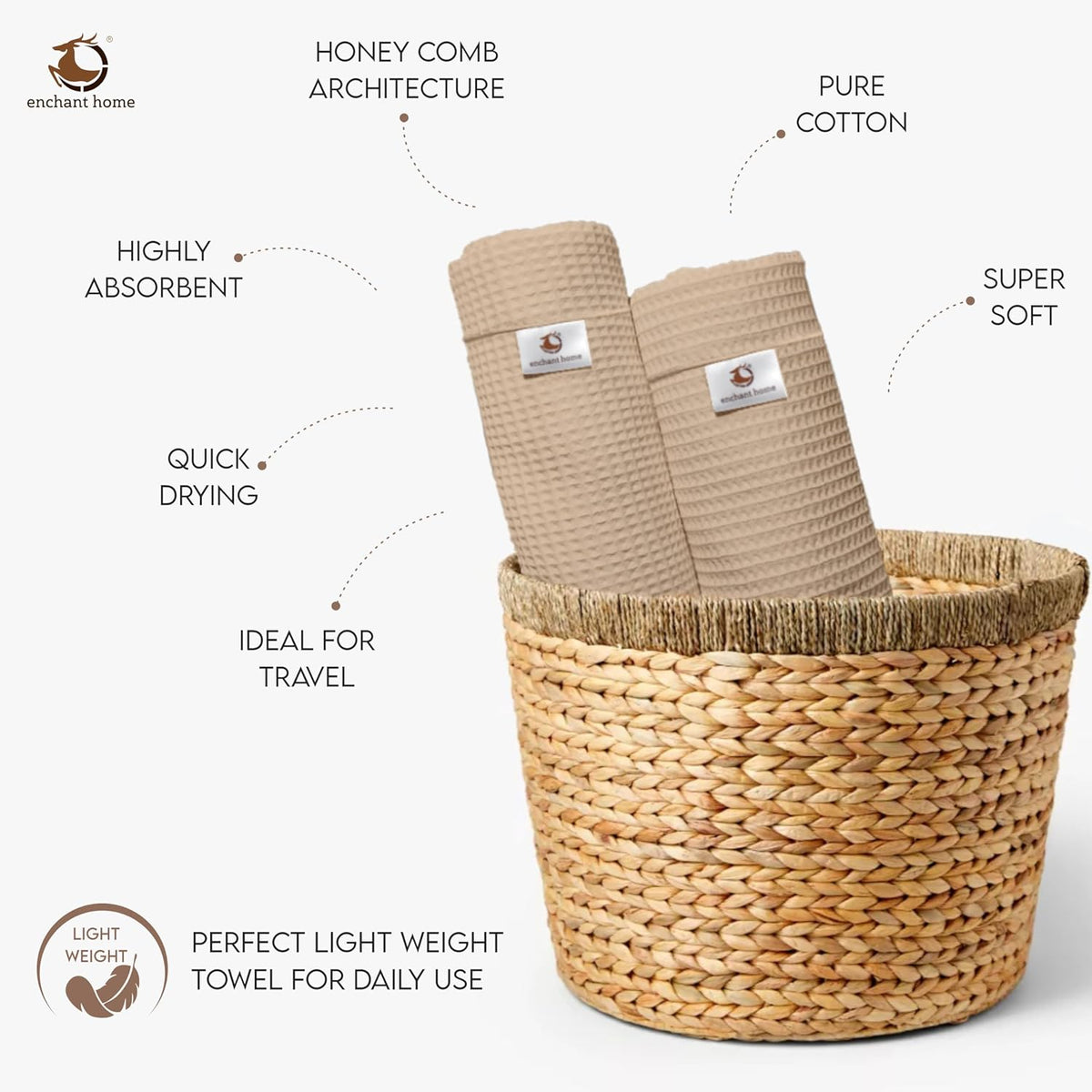 Beige cotton waffle bath towel size and texture detail
