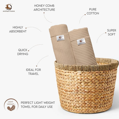Beige cotton waffle bath towel size and texture detail