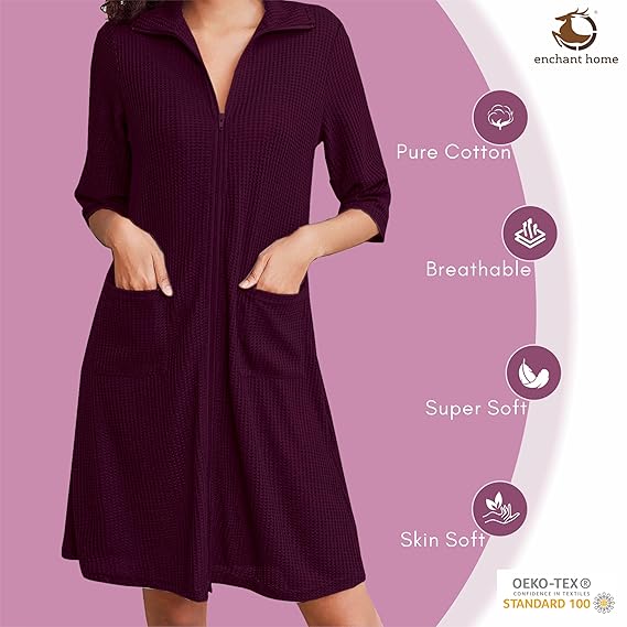 Wine waffle knit zipper bathrobe pocket detail