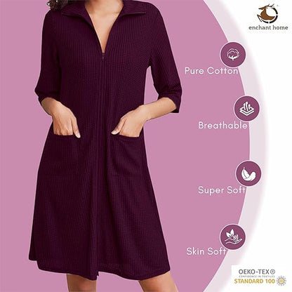 Wine waffle knit zipper bathrobe pocket detail