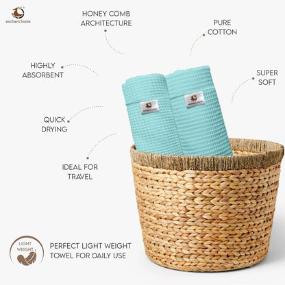 Pure Cotton Waffle Hand Towels - Aqua